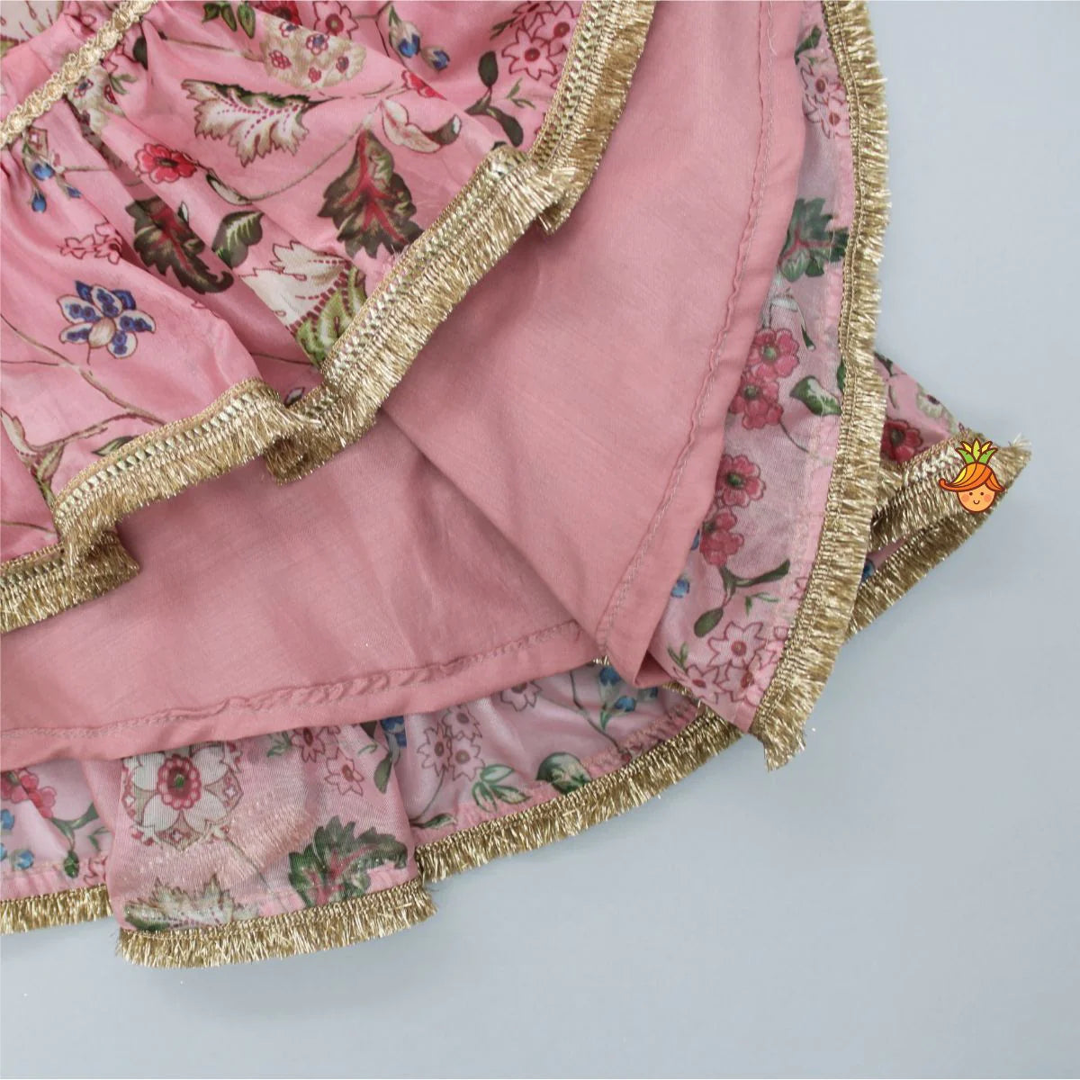 Floral Printed Peach Pink Pleated Anarkali With Attached Dupatta