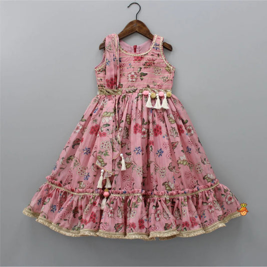Floral Printed Peach Pink Pleated Anarkali With Attached Dupatta