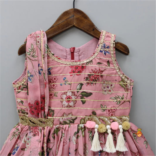 Floral Printed Peach Pink Pleated Anarkali With Attached Dupatta